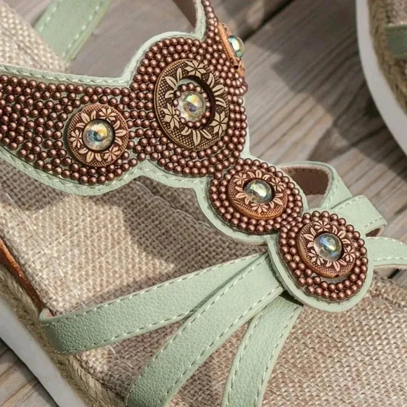 Women's Casual Roman Style Beaded Straw Rope Sandals With Wedge Heels - Picture 4 of 8